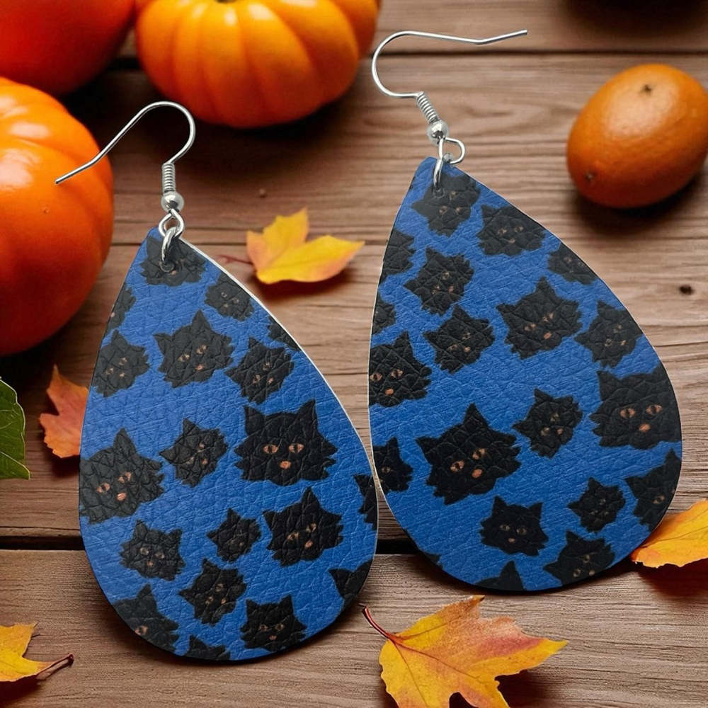 Black Cat Halloween Faux Leather Teardrop Earrings Blue 2” Dangle Lightweight